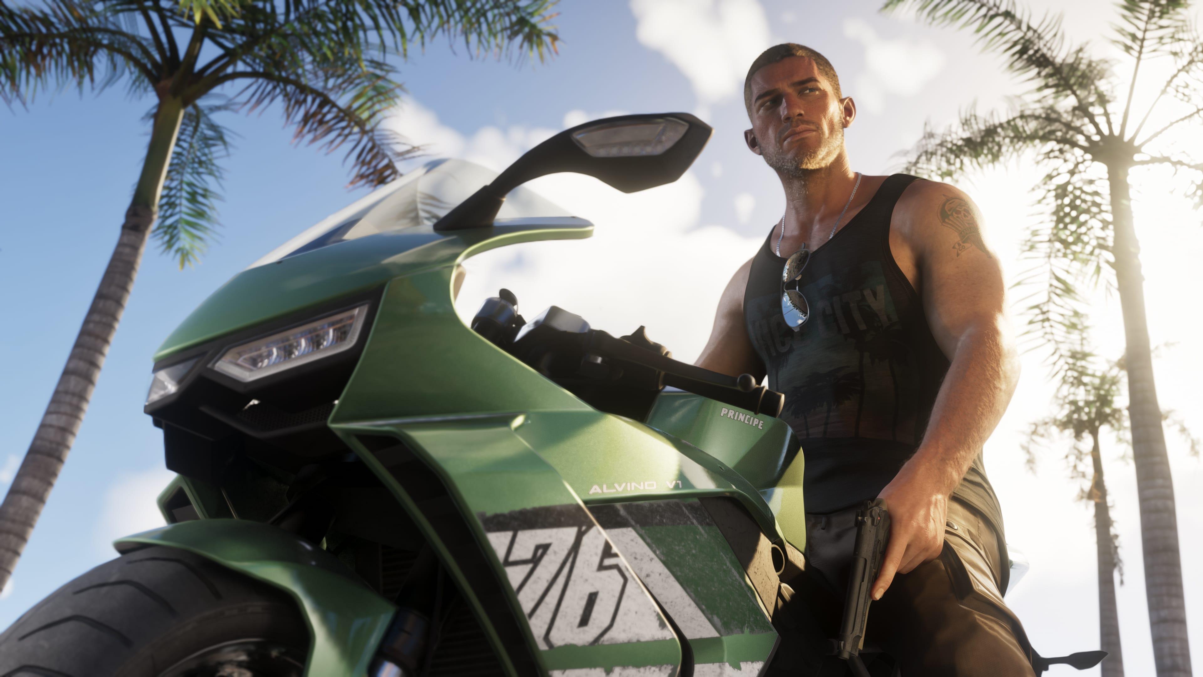 GTA 6 screenshot showing Jason Duval beside a green motorbike