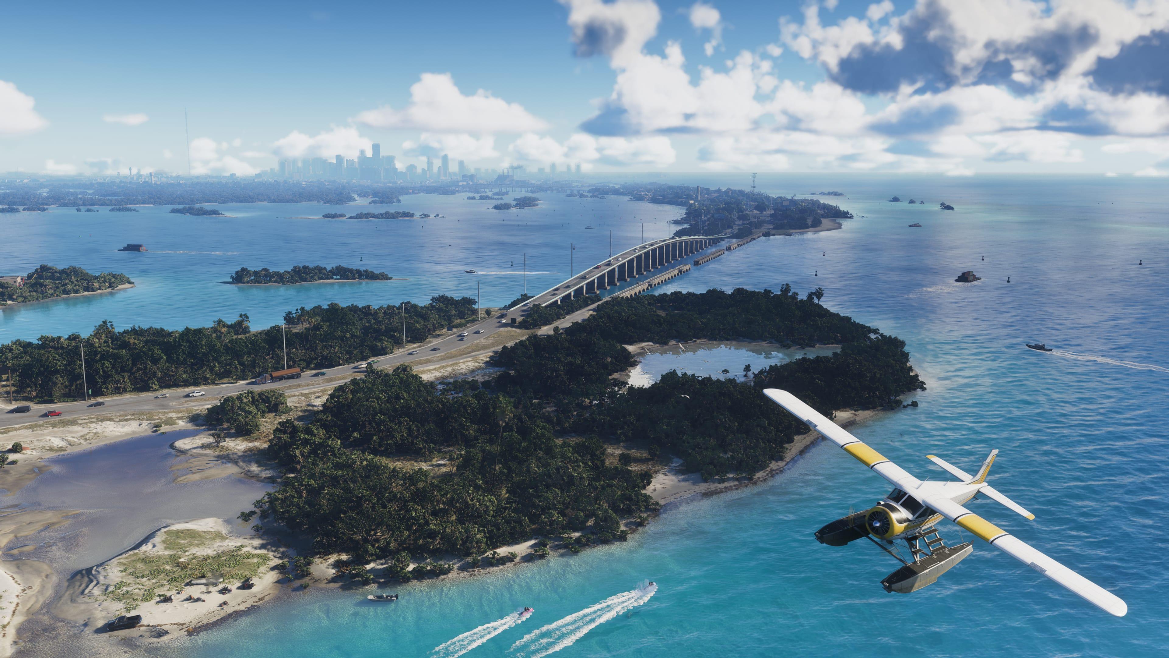 GTA 6 Leonida Keys aerial screenshot with bridge and seaplane